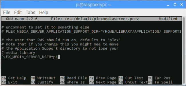 terminal window: changing Plex to Pi as the user